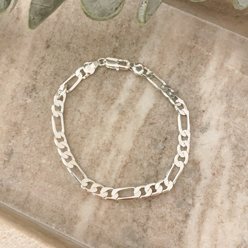 925 Sterling Silver Figaro Chain Bracelet Flat Link Bracelet Dainty Bracelet